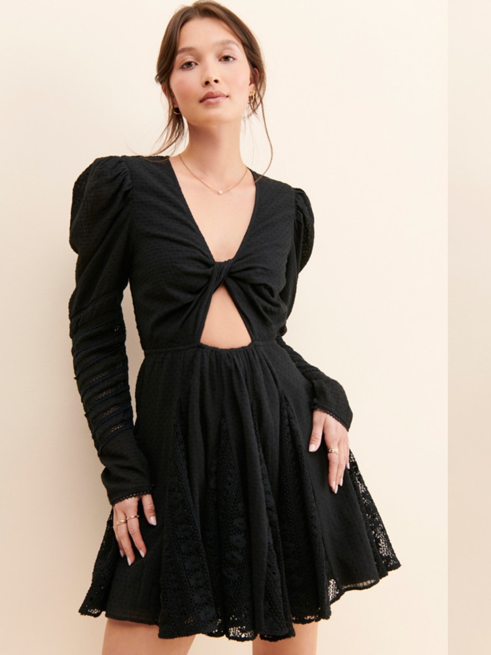 HEMANT & NANDITA Black Twist-Front Lace Mini Dress
